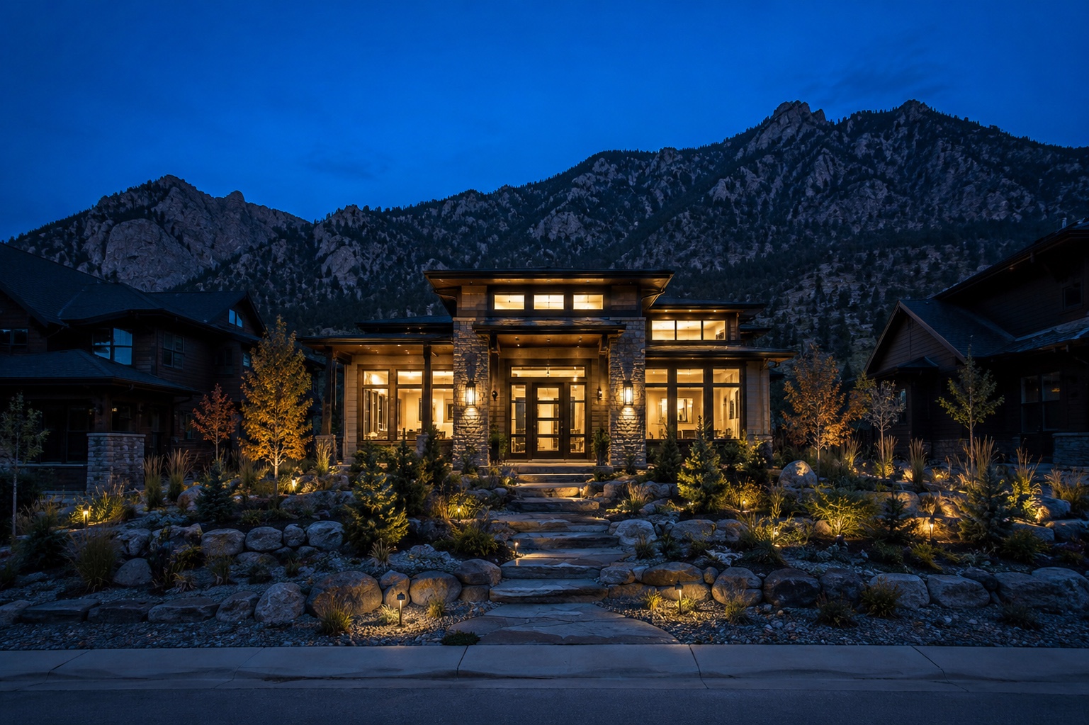 Colorado mountain residence at dusk with interior and landscape lighting on